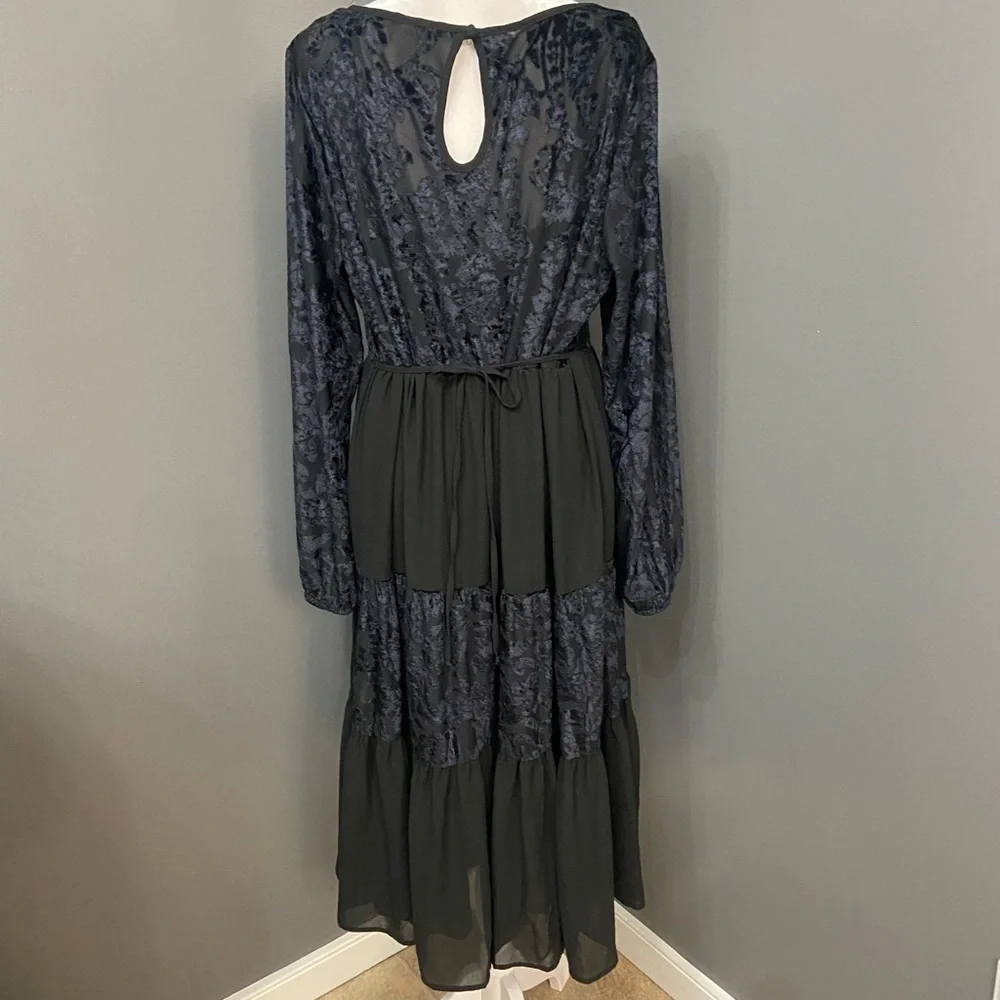 Velvet Burn Out Black/Blue Chiffon Tiered Midi Dress W/Slip Sheer Oversized L - Picture 4 of 17